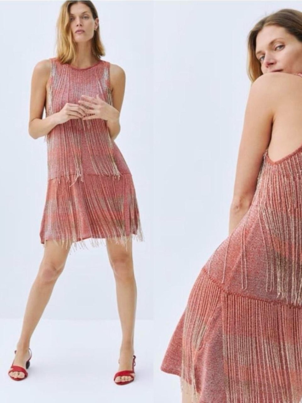 Fringe Metallic Coral Shift Dress
